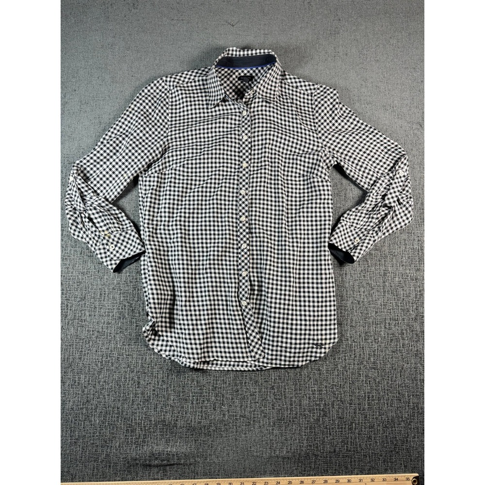Talbots Womens Small Gingham Button Down Shirt‎ Black White Roll Tab Sleeve Logo